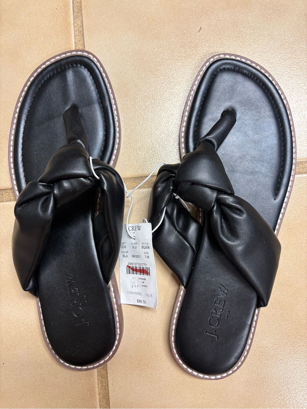 J. Crew Black Knotted Leather Toe-Post Sandals